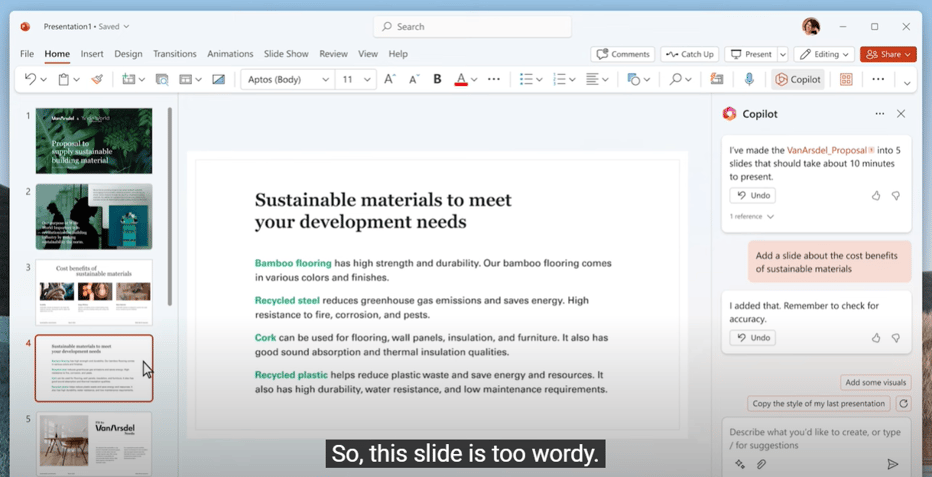 MicrosoftのCopilotでは、例えばパワポの場合は、テキストだけで作られた文書も画像を挿入して視覚的にしてくれます。