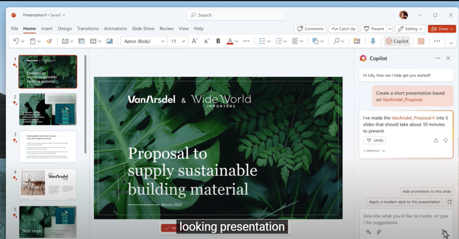 パワポのCopilotの使用例。このようなスタイリッシュなパワポを数秒で作ってくれます。