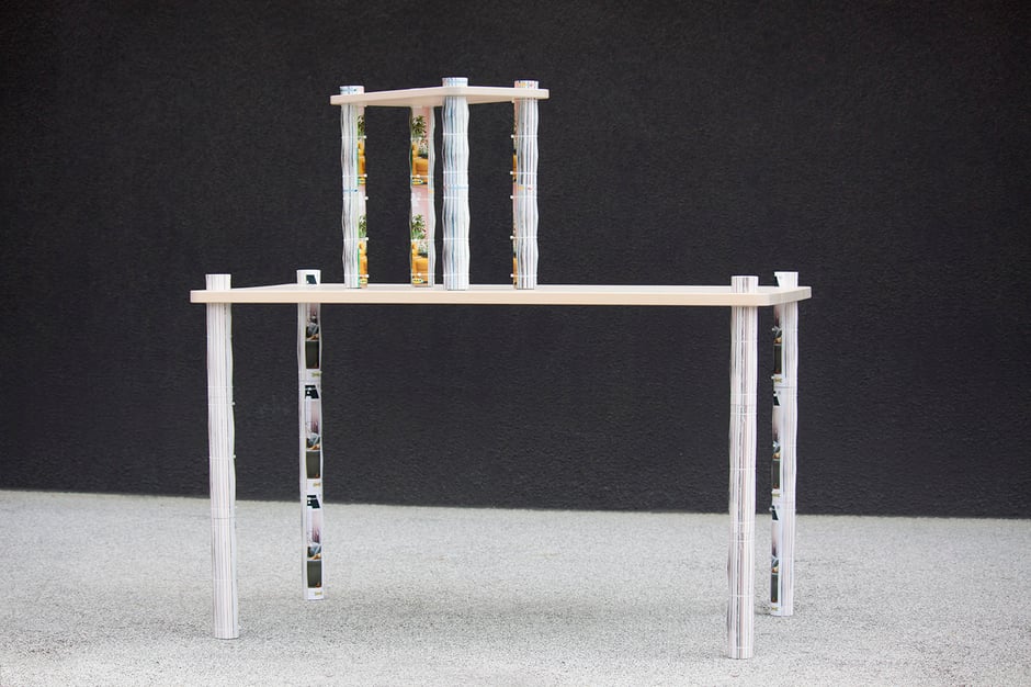 BEST BEFORE TABLE - IKEA Hacked by Lucas & Lucas - Table legs made of rolled up IKEA catalogues, connected with free IKEA pencils