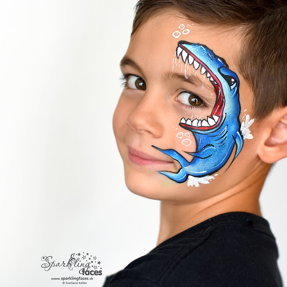 Kinderschminken_Vorlagen; Schminkfarben_kaufen_Schweiz; Kinderschminken_Kurse; Svetlana_Keller; face_painting; Ballonmodellieren; Ballonmodellage; Airbrush_Tattoos; einfach; Hai