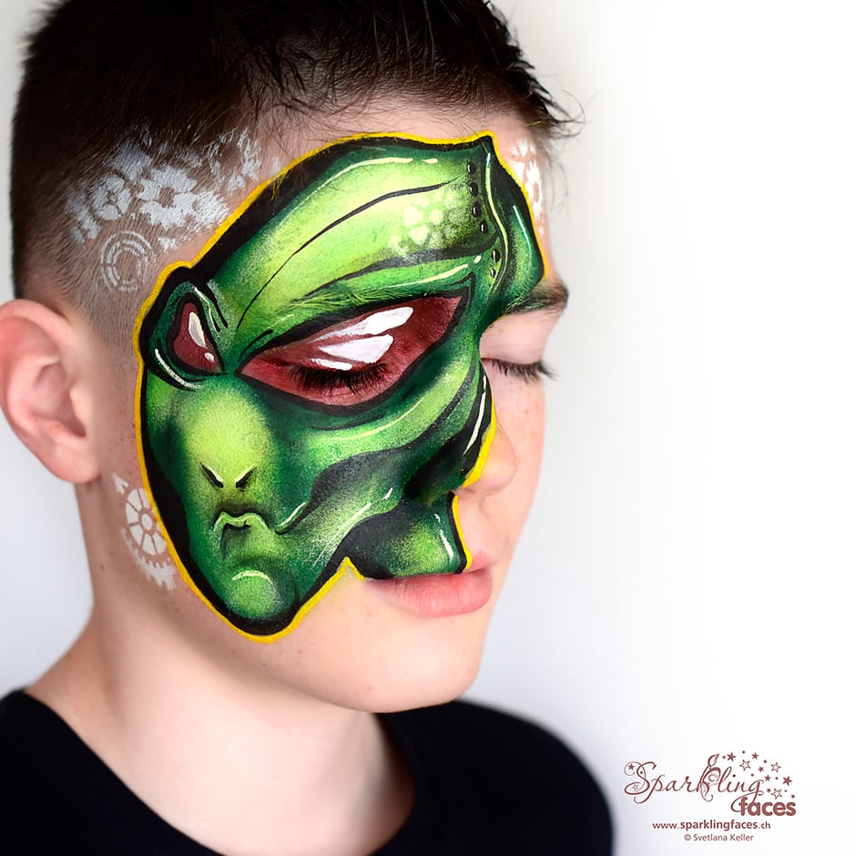 Kinderschminken_Vorlagen; Schminkfarben_kaufen_Schweiz; Kinderschminken_Kurse; Svetlana_Keller; face_painting; Ballonmodellieren; Ballonmodellage; Airbrush_Tattoos; einfach; Alien