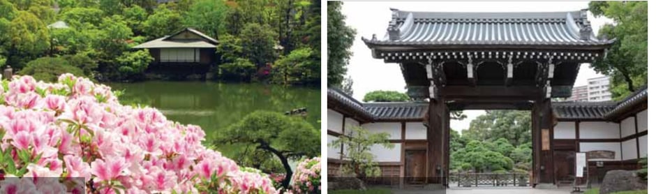 左：相楽園 日本庭園　　　右：相楽園 総ケヤキ造の正門