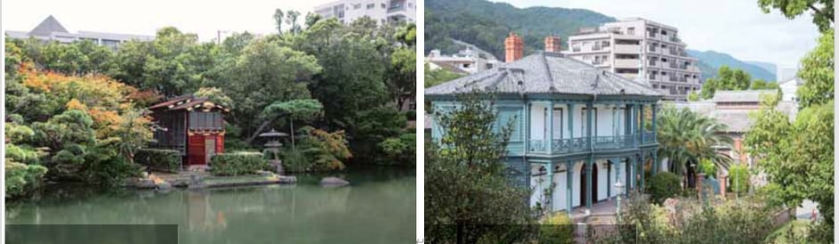 左：相楽園 船屋形（重要文化財） 右：相楽園 旧ハッサム住宅（重要文化財）