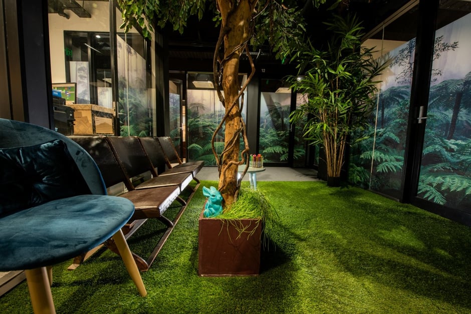 Nature-themed waiting area at NewPsych in Newcastle — calming healthcare interior design with soft textures and greenery
