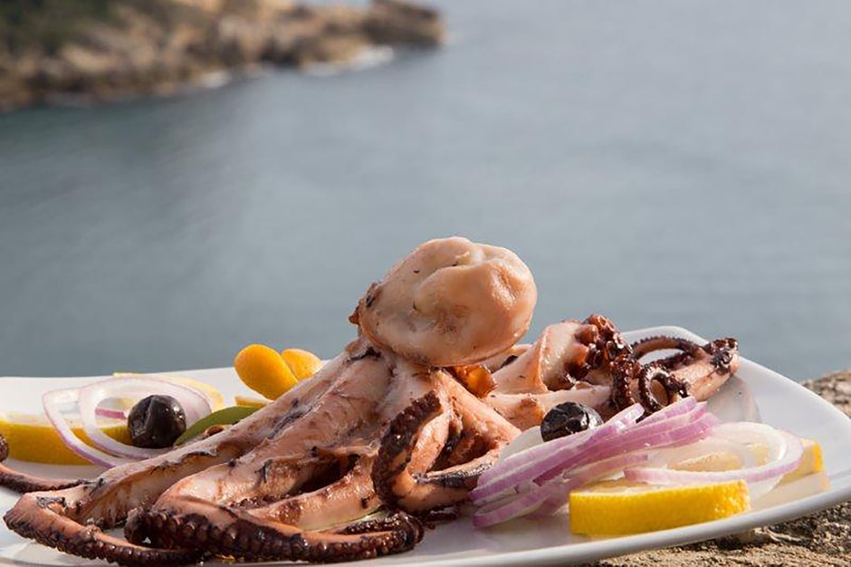 Delicious grilled octopus elegantly served with lemon slices, olives, and onions against a backdrop of the Adriatic Sea
