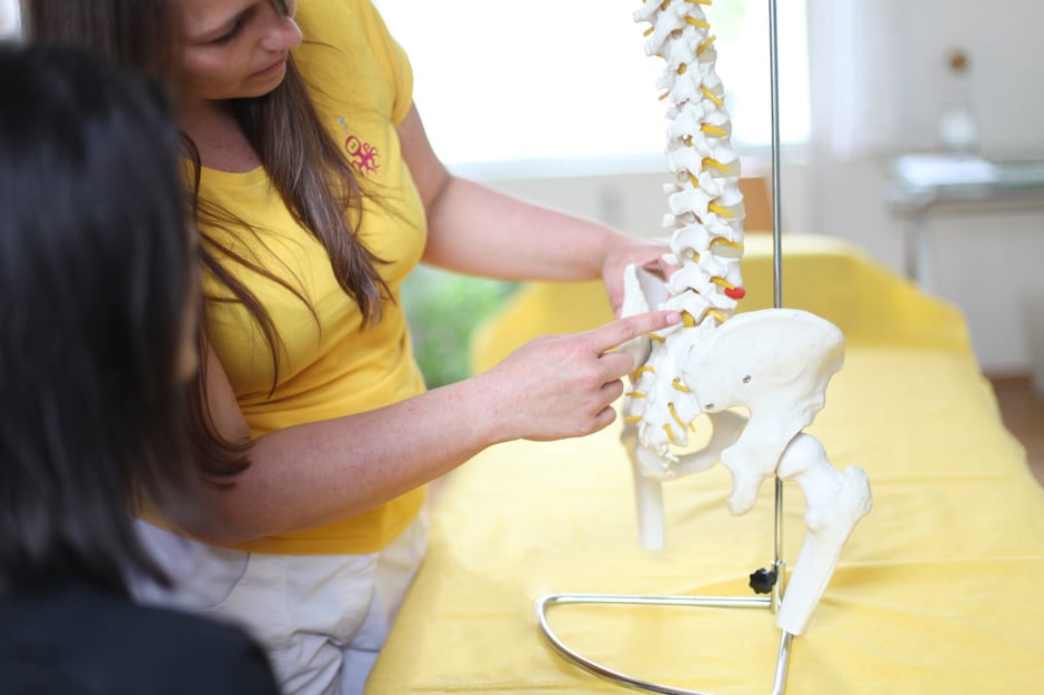 Physiotherapeutin der Praxis Octopus aus Graz erklärt einer Patientin an einem Wirbelsäulen-Modell ihren Bandscheibenvorfall, und wie sie die Behandlungsmethoden gegen ihre Rückenschmerzen sein werden.