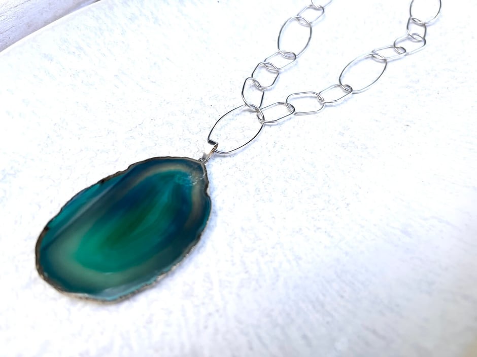 Silberkette mit grüner Achat Scheibe - edle Gliederkette im Boho Look