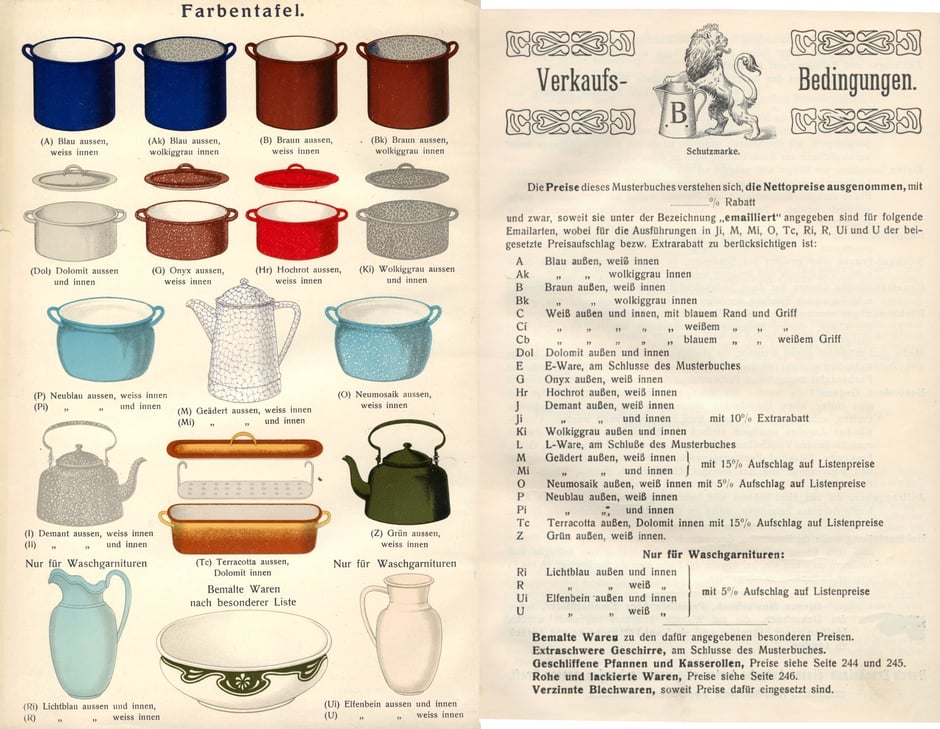 Emailfabren im Katalog 1913 (erstmals grün und terrakotta)