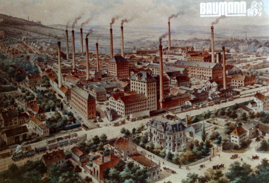 Gemalte farbige Bild mit Fabrikansicht etwa 1909,  12 Kamine [11]