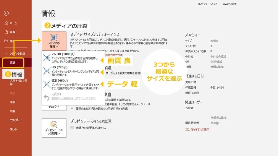 スライドなどパワポのデータに動画を貼っていると非常に重くなります。メールで送れない等の場合、一度動画を圧縮をしてみましょう。