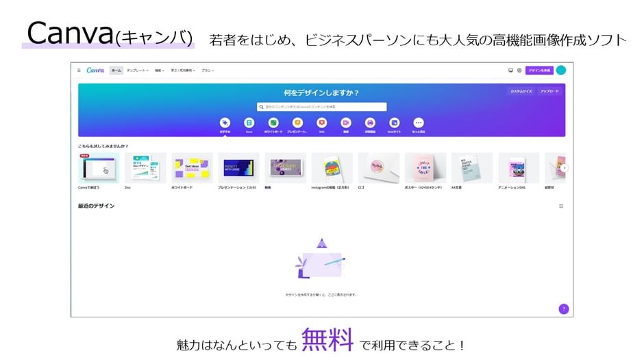 「CANVA」は基本的な機能は無料で使えるのが何といって魅力の画像作成ソフト。このCANVAでスライドショーを作れ、パワーポイントに変換もできます。