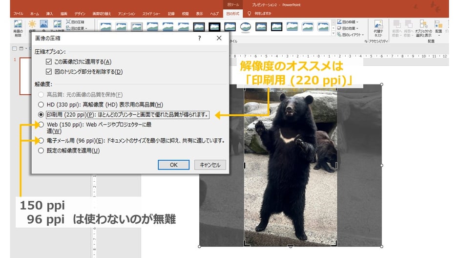 パワポで貼った画像の解像度を下げて容量を軽くする方法