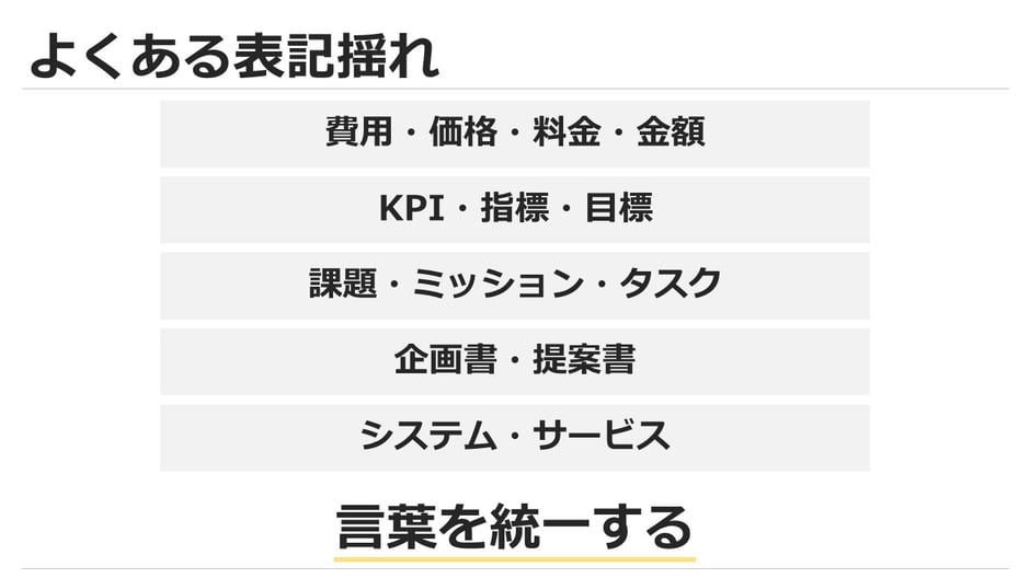 パワーポイントの企画書などで、例えば「費用」「価格」「料金」など、同じ意味の言葉を様々な表記にしてしまうと、読み手が混乱する原因となります。