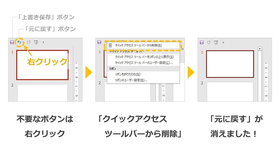 パワーポイントの「クイックアクセスツールバー」は、右クリックで削除や追加が簡単にできます。
