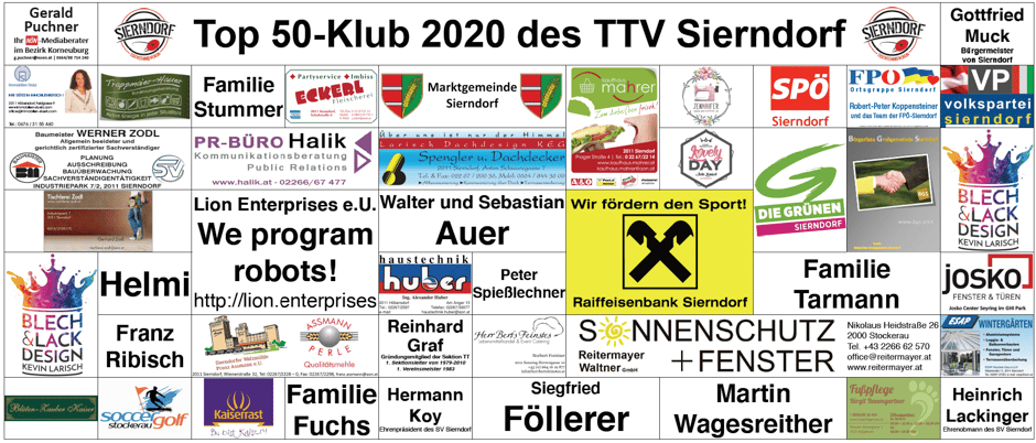 Mit Stolz präsentieren wir den neuen Top 50-Klub 2020 des TTV Sierndorf! Premiere wird am 29.2. beim 39. Sierndorfer TT-Turnier gefeiert!
