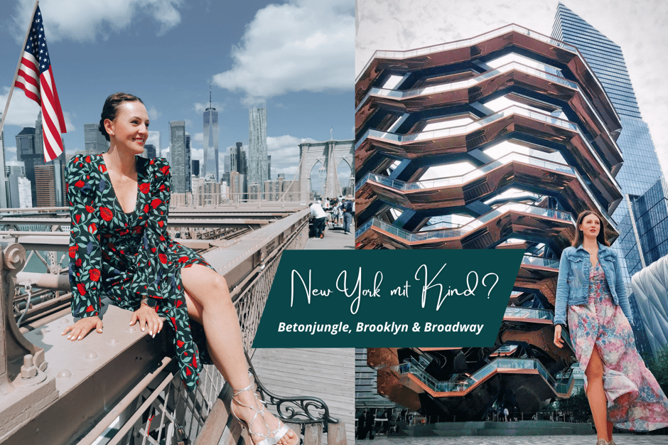 New York mit Kind. Luftballon vor Brooklyn Bridge.