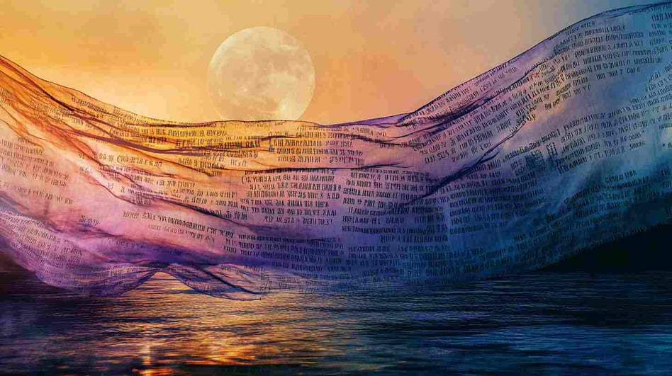 Ein großes, fließendes Tuch aus Wörtern, mit dem Mond im Hintergrund. Warme Sonnenuntergangsfarben, blaues Wasser und violette Berge. Im Stil digitaler Kunst, Konzeptkunst, Malerei und Surrealismus