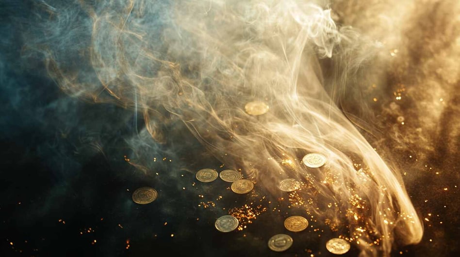 Eine Nahaufnahme von wirbelndem Rauch, in dem Münzen schweben, die eine ätherische und mystische Atmosphäre schaffen. Die Münzen haben komplizierte Muster, die das magische Gefühl der Szene verstärken