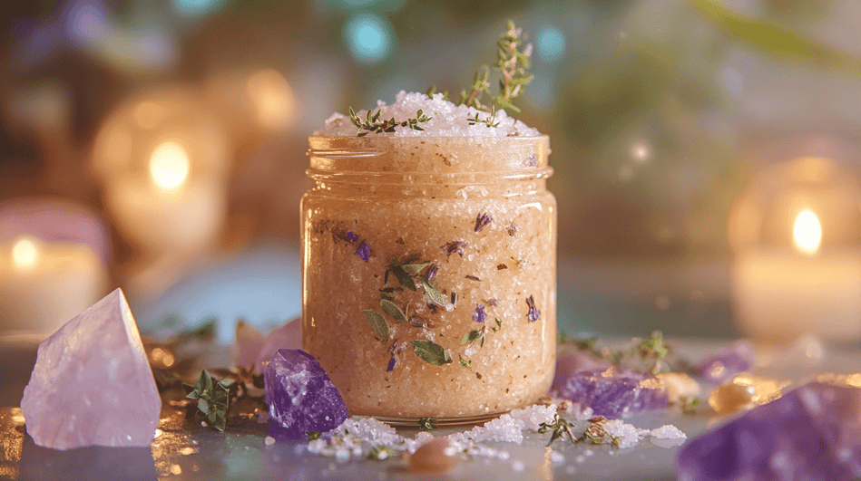 Eine bezaubernde Szene mit einem Glas Gesichtspeeling mit Meersalz und Kräutern, umgeben von Kristallen und leuchtenden Kerzen. Der Hintergrund ist mit sanften Pastelltönen geschmückt, die für eine magische Atmosphäre sorgen.