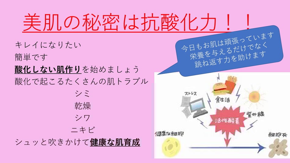 美肌の秘密は抗酸化力　キレイになりたい　簡単です　酸化しない肌作りを始めましょう　酸化で起こるたくさんの肌トラブル　シミ　乾燥　シワ　ニキビ　シュッと吹きかけて健康な肌育成