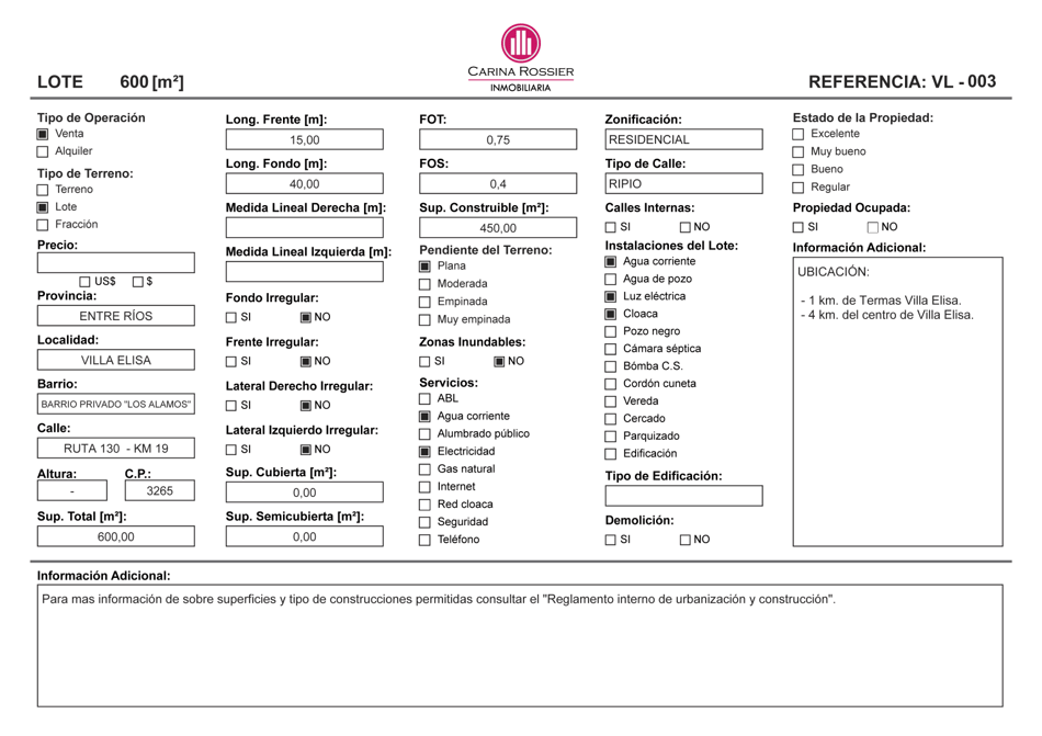 Lote 600 [m²] Villa Elisa, Entre Ríos