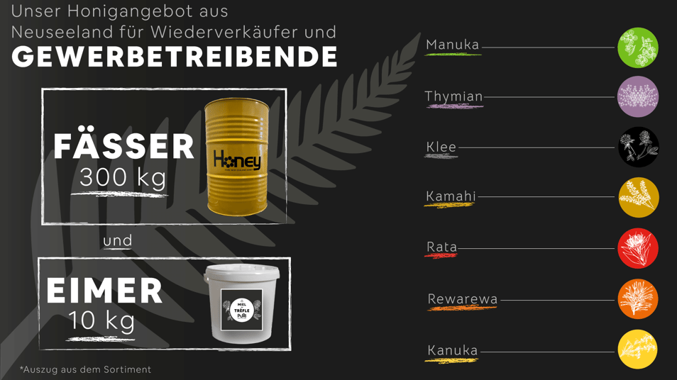 Neuseeländischer Honig in Fässern und Eimern aus Puri, Neuseeland, an Wiederverkäufer