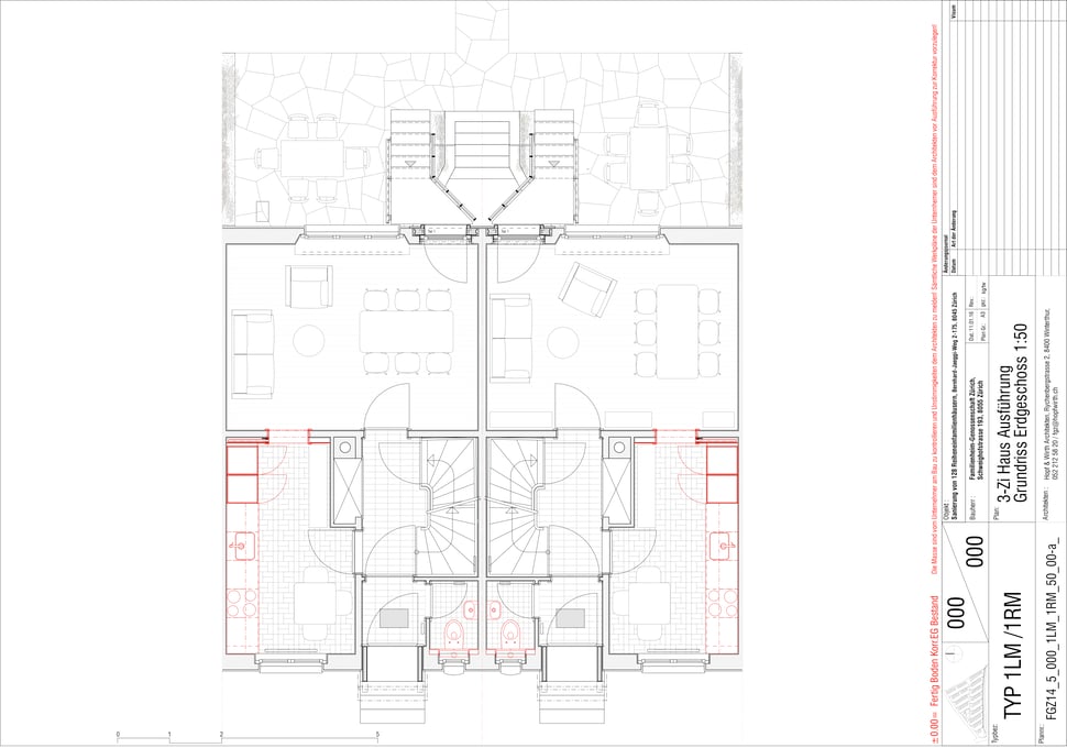 Familienheim Genossenschaft Zürich, Hopf & Wirth Architekten, Etappe 14, Bernhard-Jäggiweg, Typ 1: 3-Zimmer Haus, Grundriss Erdgeschoss