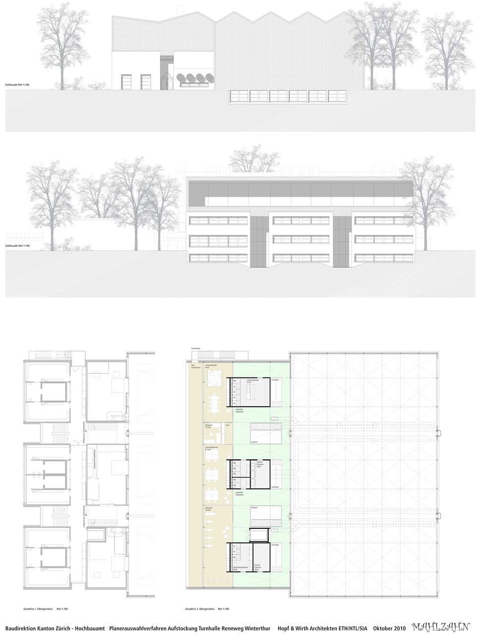 Hopf & Wirth Architekten ETH HTL SIA Winterthur, Wettbewerb Berufsbildungsschule Winterthur, Erweiterung Turnhallen Rennweg