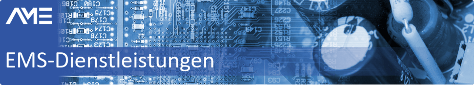 Banner der Seite EMS-Dienstleistungen mit AME Firmenlogo auf einer Elektronikplatine als Hintergrund