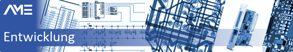 Banner der Seite Entwicklung mit AME Firmenlogo und Elektronikschaltplan sowie CAD Layout als Hintergrund