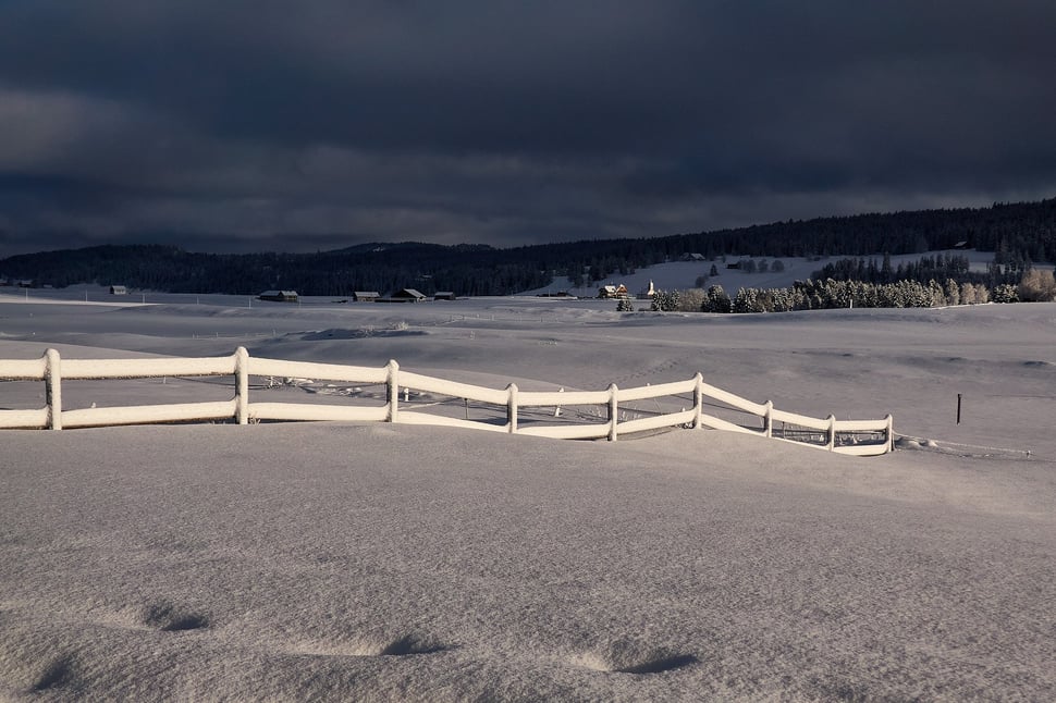 The image shows the photograph of a winter landscape in La Brévine (Jura region). The afternoon light illuminates a snow coevered fence in the foreground while the woods in the background and the clouded sky are dark.a