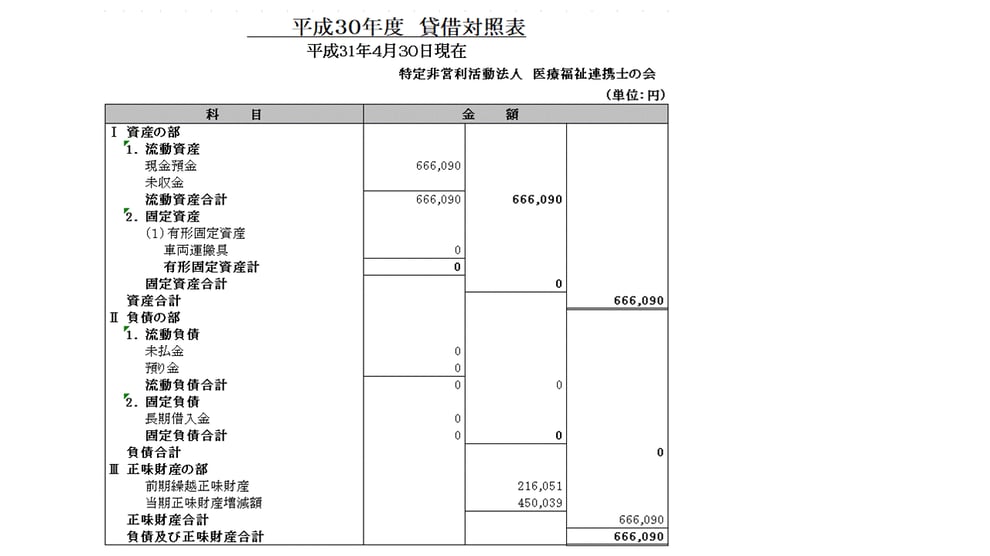平成30年度　法人　貸借対照表