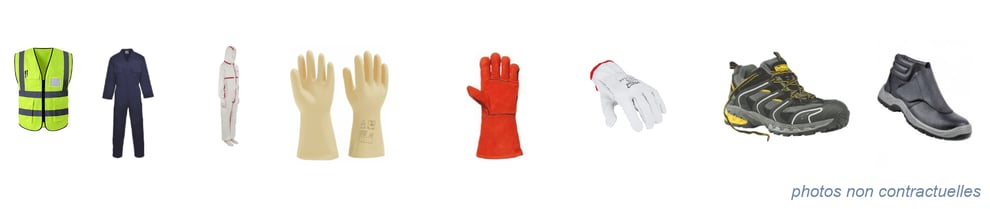 équipement de protection individuelle : gilets jaunes, combinaisons de travail, gants, chaussures de sécurité