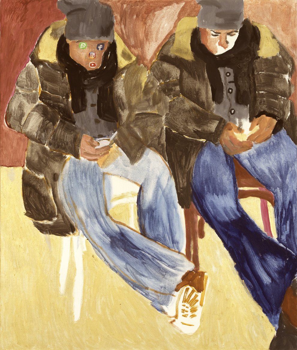 Eva Hradil, Social Media Man, 2022, Eitempera auf Halbkreidegrund auf Leinwand, 130 x 110 cm