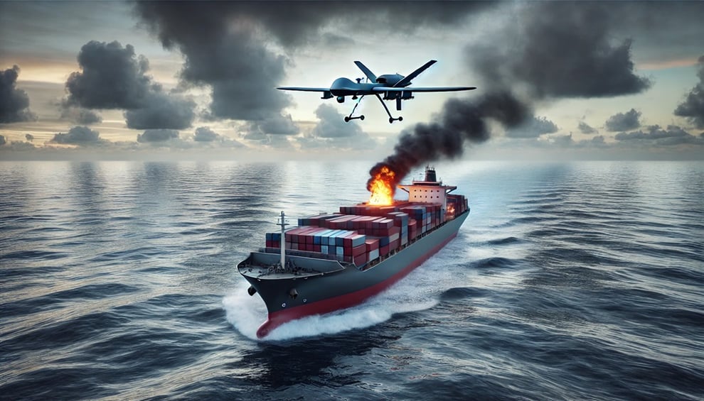 A realistic scene of a UAV drone attack on a large cargo ship at sea. The cargo ship is surrounded by a calmer ocean with gentle waves, under a slight