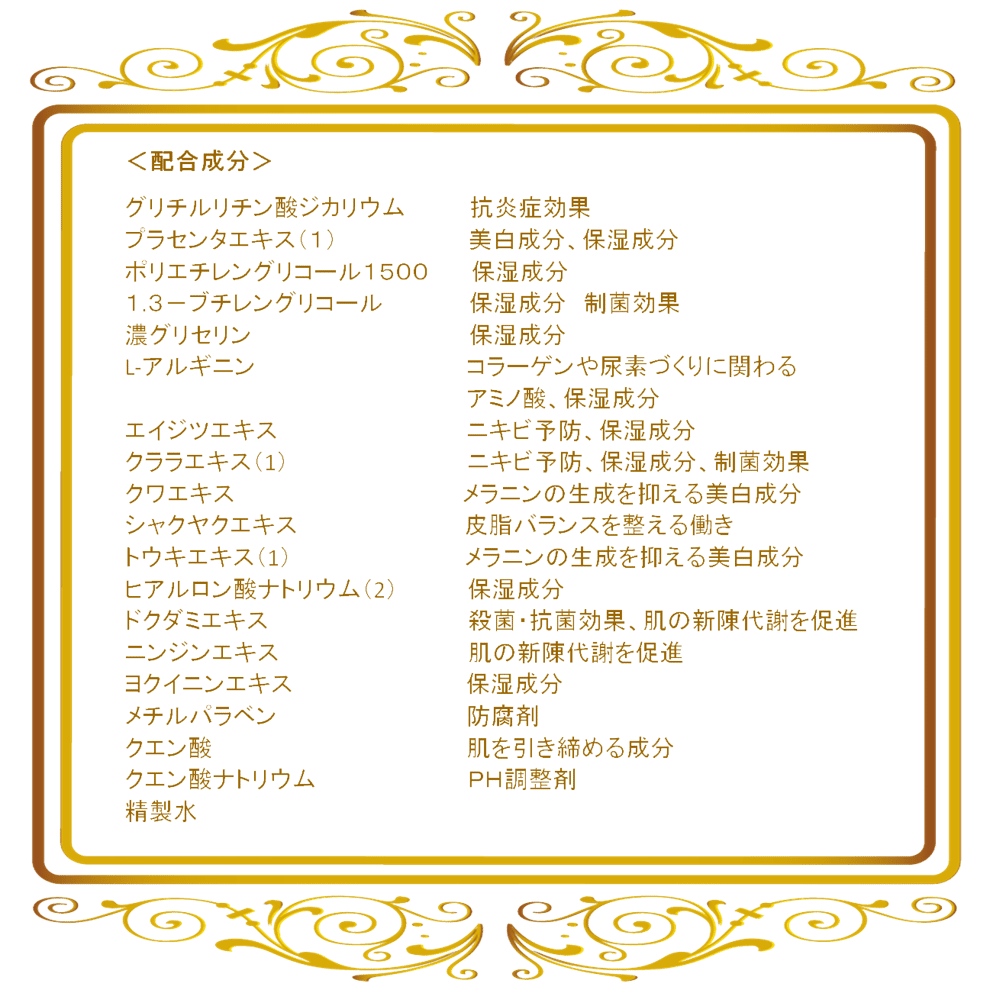＜配合成分＞ グリチルリチン酸ジカリウム　　　 抗炎症効果 プラセンタエキス（1）　　　　　 美白成分、保湿成分 ポリエチレングリコール1500　　 保湿成分 1,3－ブチレングリコール　　　　 保湿成分　制菌効果 濃グリセリン　　　　　　　　　　 保湿成分 L-アルギニン　　　　　　　　　　 コラーゲンや尿素づくりに関わ 　　　　　　　 るアミノ酸、保湿成分 エイジツエキス　　　　　　　　 ニキビ予防、保湿成分 クララエキス（1）　　　　　　 ニキビ予防、保湿成分、制菌効果 クワエキス　　　　　　　　　